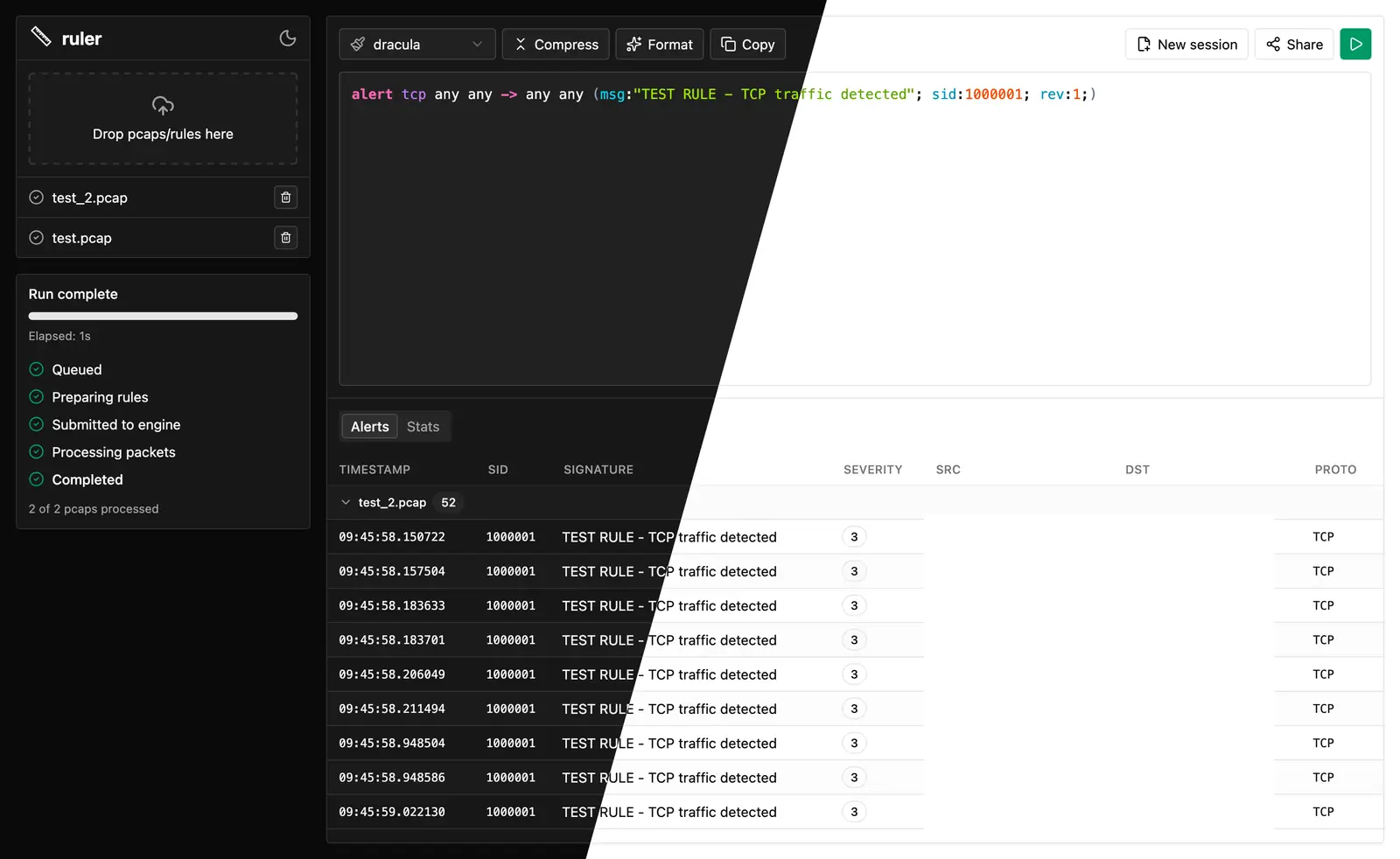Screenshot of the ruler interface. You can, of course, upload multiple
PCAPs!
